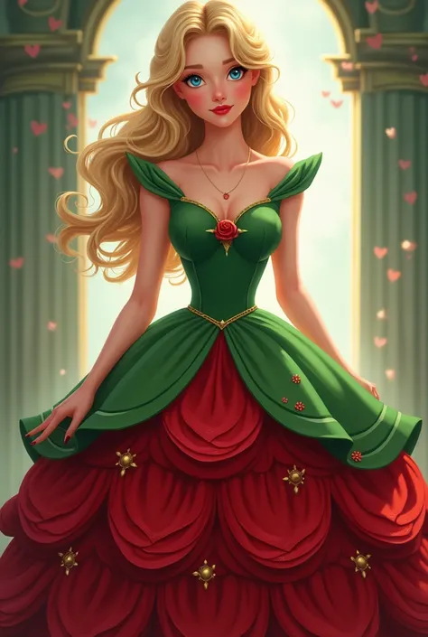 blonde woman with blue eyes and princess dress, green on top and red on the bottom in the shape of a rose, with petals, Disney style