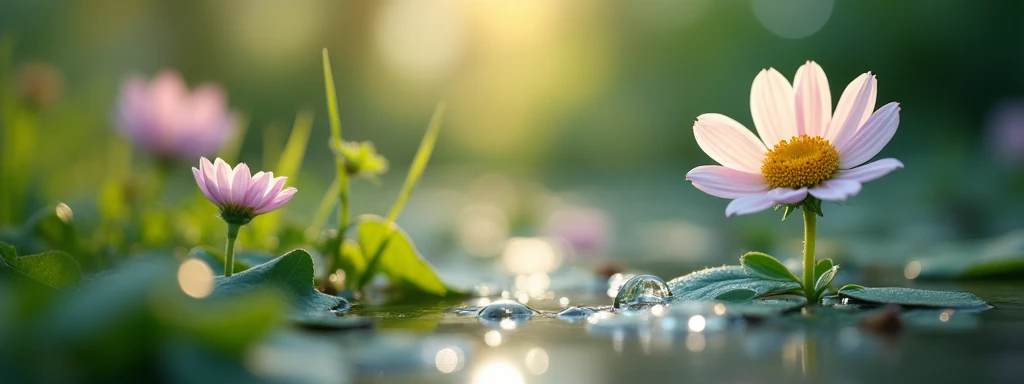 Small beautiful flowers bloom and fresh water drops fall