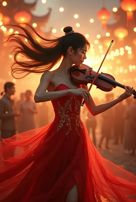 A Chinese girl wearing a beautiful long dress is playing the violin on the street during the festival. Her hair flies with the rhythm of the melody, and the audience surrounds her. The festival lights reflect on her, forming a beautiful side backlight that...