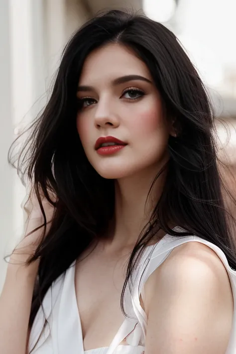 woman (jet black hair: 1.2) wears it loose and straight, model, (pale white skin: 1.2), attractive and beautiful, bright dark brown eyes, porcelain white skin, reddish lips, rosy cheeks. dazzling woman, beautiful woman, glow, wears a covered white dress.