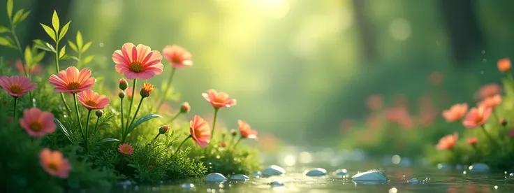 Small beautiful flowers bloom and fresh water drops fall