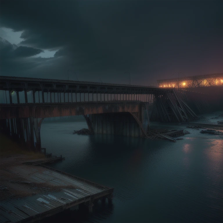 a volvo semi-truck crossing a dilapidated wooden bridge, dramatic scene, crumbling bridge, 4k, 8k, high quality, detailed, photorealistic, cinematic lighting, moody atmosphere, dynamic composition, dramatic sky, volumetric lighting, gritty, grunge, dystopi...