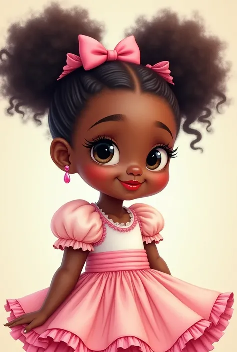  black child, with curly pigtail hair with a pink bow and a pink and white dress with fluffy sleeves and a flare.