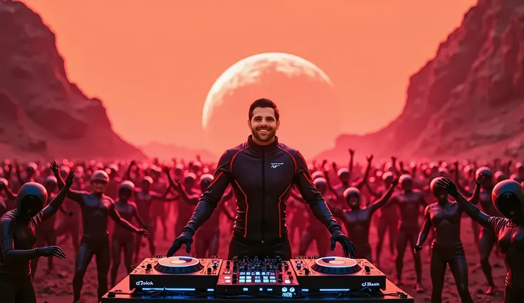 Ultra realistic image, 8k, electronic party in the mountains of Mars with thousands of people jumping with their arms stretched out into the sky smiling with spacesuits helmets on their heads looking at DJ Alok who is appearing full body in futuristic blac...