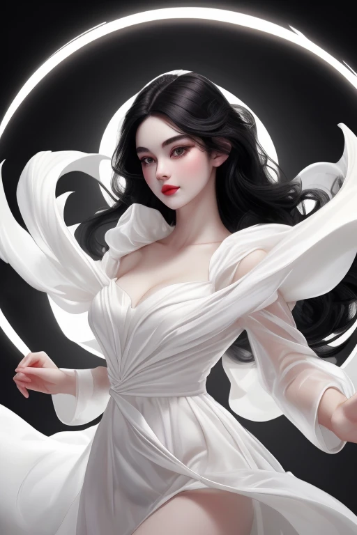 max quality, ultra-detailed, masterpiece.  woman (jet black hair: 1.2) wears it loose and straight, model, (pale white skin: 1.2), attractive and beautiful, bright dark brown eyes, porcelain white skin, reddish lips, rosy cheeks. dazzling woman, beautiful ...