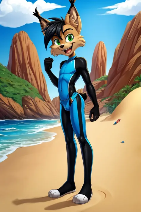 Lynx cartoon guy full length skinny slim in blue lycra thong on the beach with happy face green eyes black hair