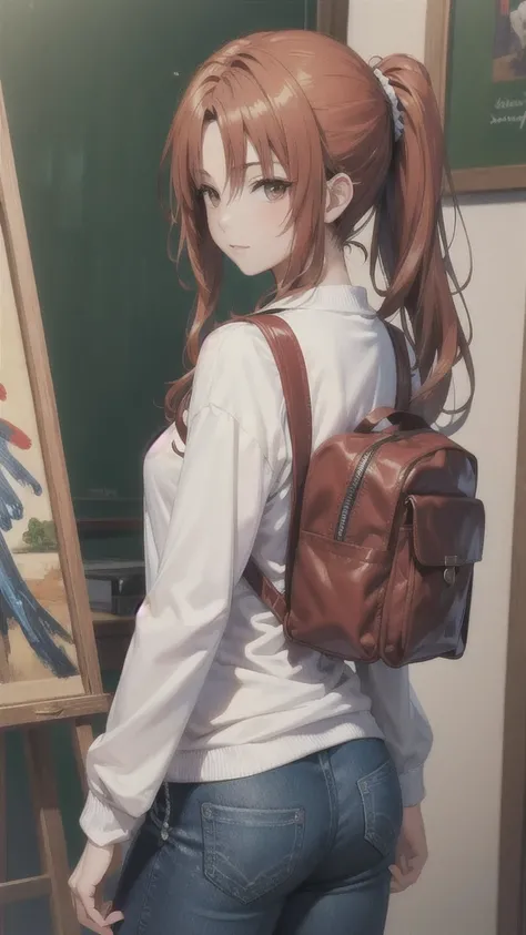 (painting) ((masterpiece, Best quality)) (Character design, Same character front, side, Back, There are words written around) Long hair woman, Red Hair and Ponytail Hairstyle, Brown eyes, Wearing a bulletproof vest, One zip-up long-sleeved T-shirt, White s...