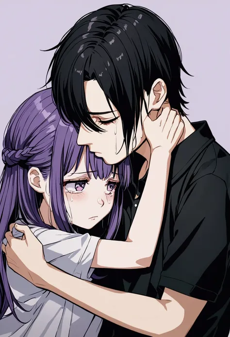 Preppy high school girl long purple hair makeup crying hugging tall boy black hair black shirt comforting her, crying girl, sadness, 苦痛, distress, Momento triste, boy hugging.