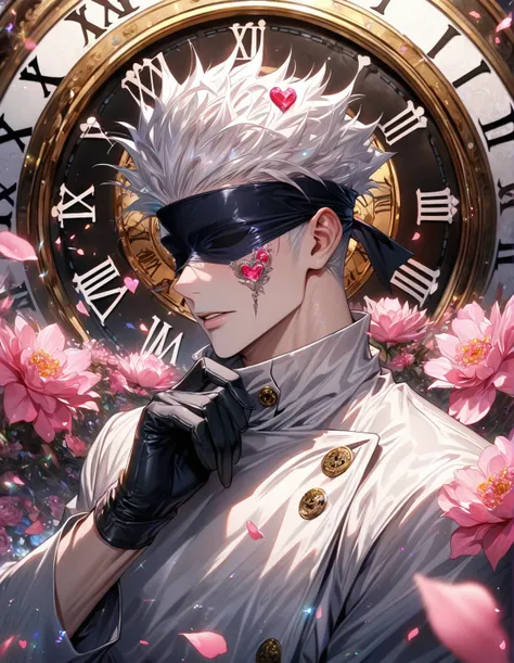 absurdres, highres, ultra detailed, HDR, master piece, Gojou Satoru, white hair, blindfolded eyes, black blindfold, white Jujutsu Kaisen uniform, Jujutsu Kaisen, fantasy, magical, sensual, glittering, handsome, detailed face, pink petals, heart of cards, c...