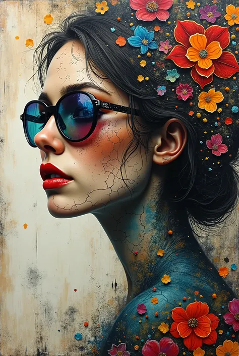 A mixed media artwork depicting a womans profile with a cracked and weathered appearance, revealing a hidden world of rich, colorful patterns and textures. The woman wears multicolored sunglasses and has a mysterious look. This piece depicts a hauntingly b...