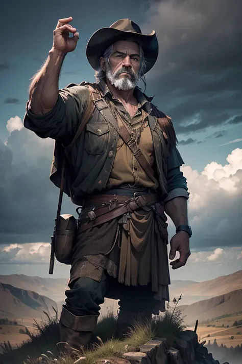 Tío, the enigmatic figure representing the miners struggles, depicted in a dramatic highland setting, dressed in weathered miners clothing, overlooking the vast mining landscape, clouds rolling in the background, wide shot, hyper-realistic, photo realism, ...