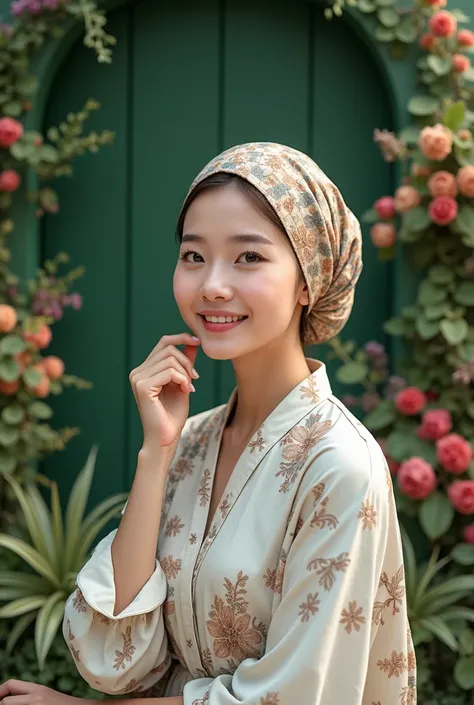 a beautiful korean woman, wearing a floral hijab style, wearing a white and brown patterned combination shirt, hand placed on cheek while smiling sweetly in the middle of green ornamental plants and colorful flower plants in the background of a large wall ...