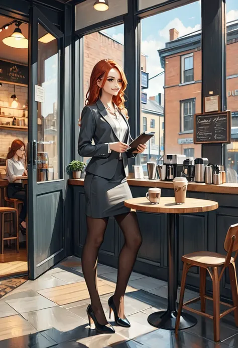 At coffee shop, ordering morning coffee.(rule of thirds),(full body:1.4),((ultra realistic illustration:1.2)), Tall, slender ((redhead)) woman of Irish descent. (pale:1.3)complexion. blue eyes, cute butt, nice legs. Kind eyes, cute smile. Eyeglasses, Masca...