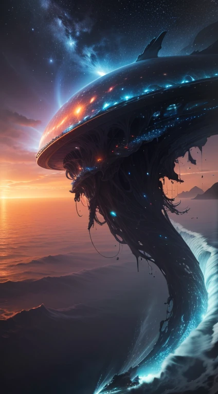 (best quality,4k,8k,highres,masterpiece:1.2),ultra-detailed,(realistic,photorealistic,photo-realistic:1.37),sci-fi,alien,space,starwhale,gigantic interstellar creature,vast cosmic ocean,celestial anomaly,ethereal aura,bioluminescent tendrils,otherworldly m...