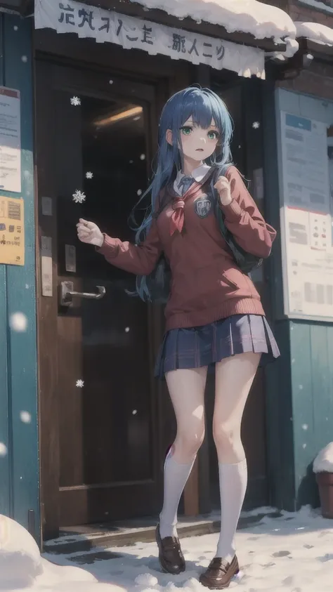 Best quality ultra high resolution,1 Girl,Solitary,whole body,snow,City,, Blue Hair,Green Eyes JK,School Uniform,