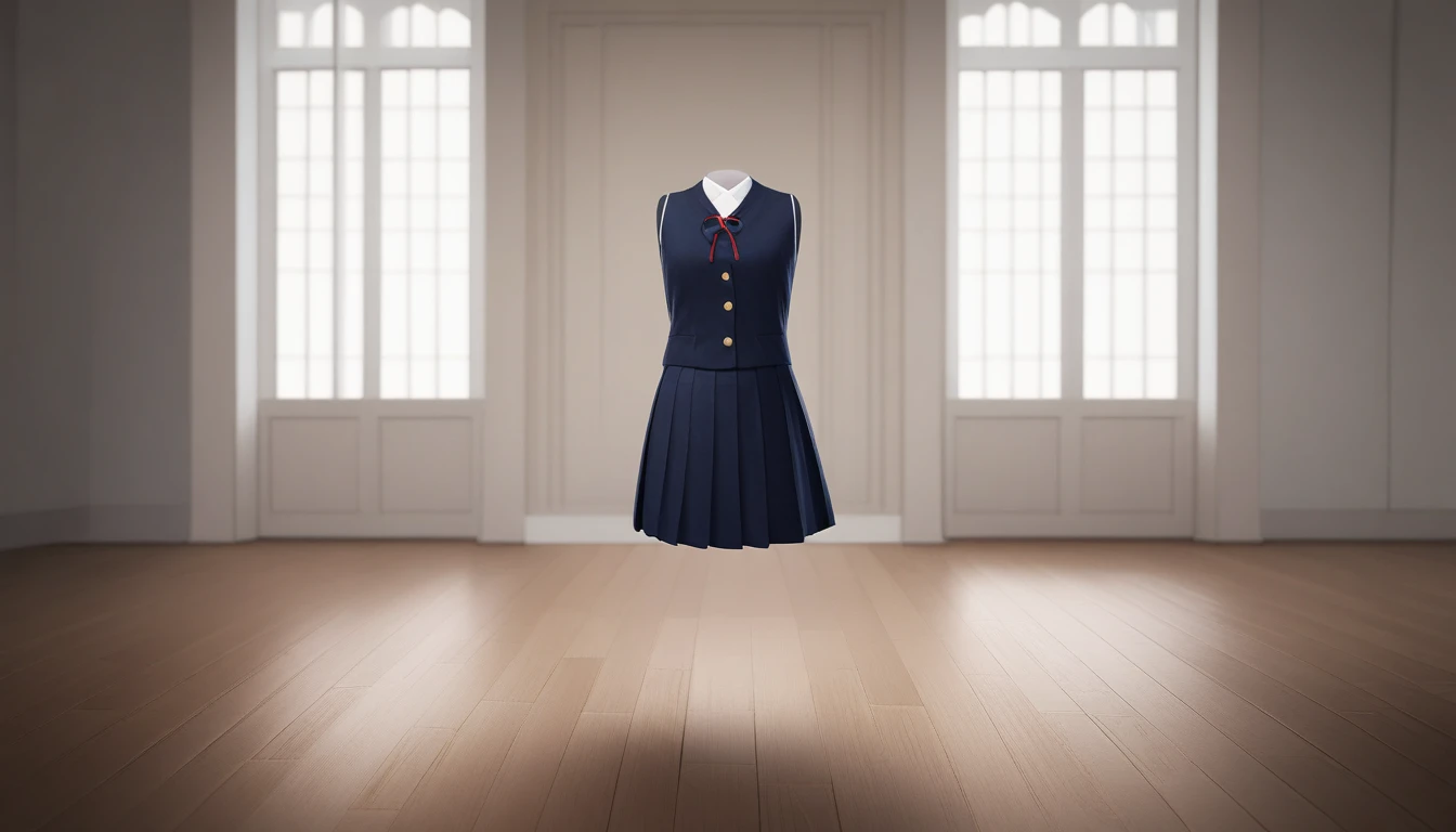 floating school uniform with no visible person, detailed Japanese high school uniform, indoors, modern room with wooden floor and windows, soft lighting, detailed shading, realism, high quality, no face, no body, realistic fabric folds and textures.