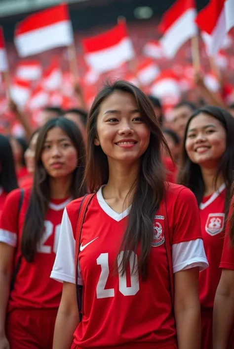 make HD quality photos, sharp and clear and detailed, dozens of young, beautiful and sexy women, football supporters in a busy and crowded football stadium, wearing accessories in the colors of the Indonesian flag, red and white, as well as dozens of red a...