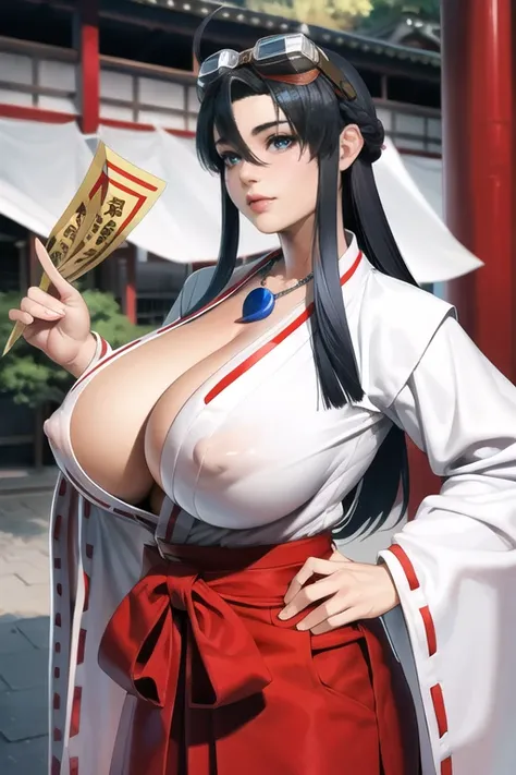 8k, 1girl,koyori_togashi, Alone, long_hair, breasts, skirt, large_breasts, cleavage, japanese_clothes,magatama, goggles, hakama, hakama_skirt, goggles_on_head, Ofuda, miko, or, Her huge boobs are swaying and her nipples are visible　red_hakama,japanese shri...