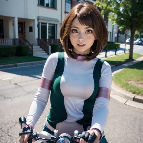 Best quality, focus on face, soft light, ultra high resolution (photorealistic: 1.4), RAW photo, 1 girl, ((Ochaco Uraraka)), full body, sturdy and athletic physique, short-average height, alone, cute, (student, highlights in eyes, giant rounded light green...