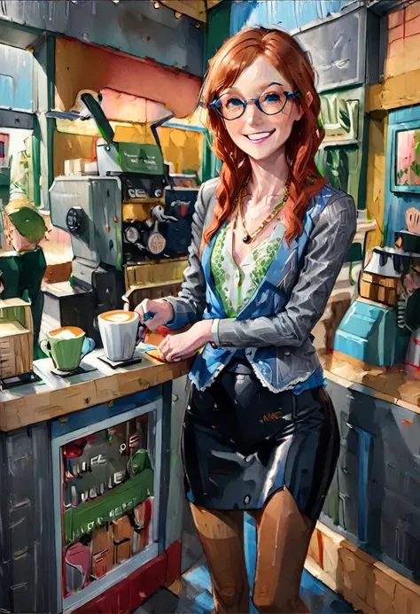 At coffee shop, ordering morning coffee.(rule of thirds),((ultra realistic illustration:1.2)), Tall, slender ((redhead)) woman of Irish descent. (pale:1.3)complexion. blue eyes, cute butt, nice legs. Kind eyes, ((flirty smile:1.2)). Eyeglasses, Mascara, ey...