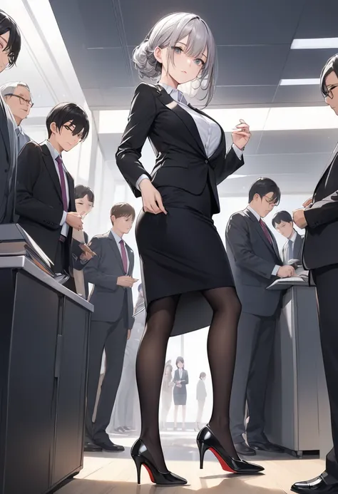 ((Best Quality)), ((masterpiece)), (be familiar with) Perfect Face、Mature beautiful woman、Standing、The whole body, even the toes, See the audience at your feet、Looking down、Office Style、business suit、Black jacket、White open shirt、Black knee-length pencil s...