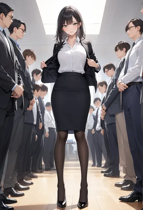 ((Best Quality)), ((masterpiece)), (be familiar with) Perfect Face、Mature beautiful woman、Standing、The whole body, even the toes, See the audience at your feet、Looking down、Office Style、business suit、Black jacket、White open shirt、Black knee-length pencil s...