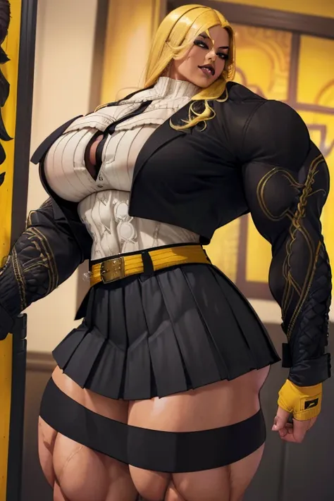 ((Close-up)), tall, (yellow hair) beautiful muscular latino woman, long flowing hair, brown skinned, closed smile, large breast, (black lipstick), (massive muscles), (hyper muscle), (((ginormous bulky muscles))), gray eyes, (((((long sleeve school uniform ...