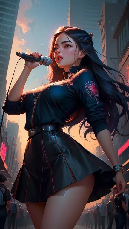 a close up of a woman in a skirt singing into a microphone, alena aenami and artgerm, background artwork, in the style of ross tran, artwork in the style of guweiz, rossdraws and jazza, neoartcore and charlie bowater, irelia from league of legends, inspire...