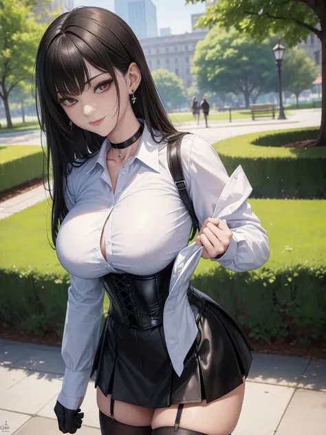 8K, highres, Ultra detailed, (Masterpiece:1.4), The best quality, symmetrical body, standing, pose sexy, front view, choker:1.6, (White collar button-down shirt with white long sleeves), Black gloves, gloves that cover the hands, (black leather corset),  (...