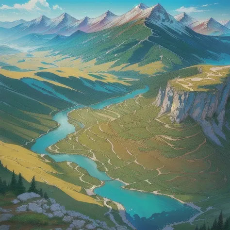 extremely detailed fantasy landscape, a vast plateau with the minoan kingdom, a large river below leading to the marada kingdom ...