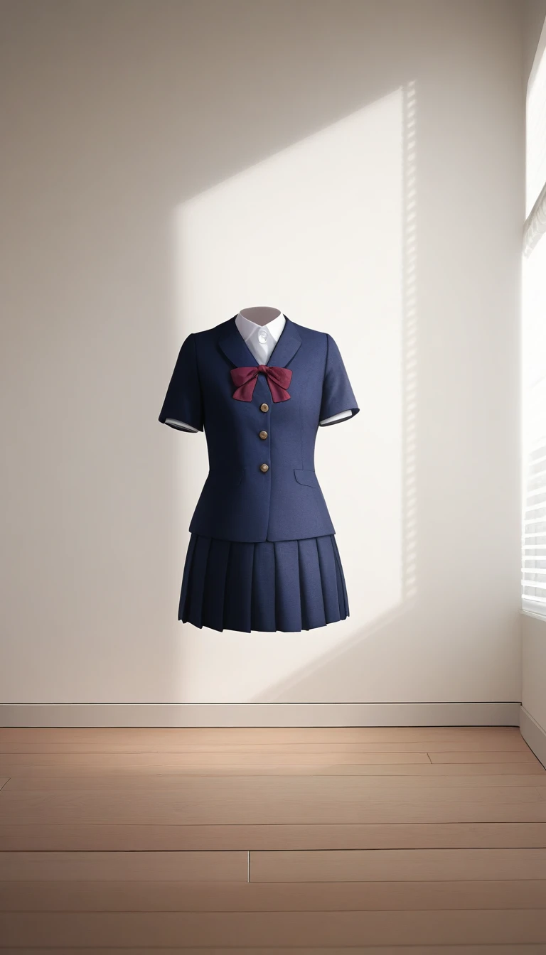 floating school uniform with no visible person, detailed Japanese high school uniform, indoors, modern room with wooden floor and windows, soft lighting, detailed shading, realism, high quality, no face, no body, realistic fabric folds and textures.