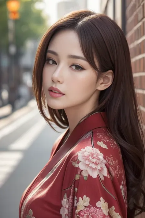 ((Best Quality, 8k, masterpiece: 1.3)), Sharp focus: 1.2, Beautiful woman with perfect style: Sexy red kimono, (dark brown hair, big: 1.2)), (Natural Light, Urban area: 1.1), Highly detailed face and skin texture, Beautiful Eyes, Double eyelids, Close your...