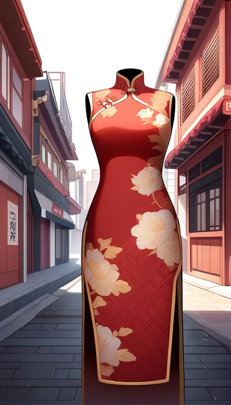 "A vibrant red Chinese qipao with golden floral patterns displayed on a mannequin, standing on a busy city street with Chinese signage and storefronts in the background. The qipao is form-fitting and elegantly designed, with a high collar and long sleeves....