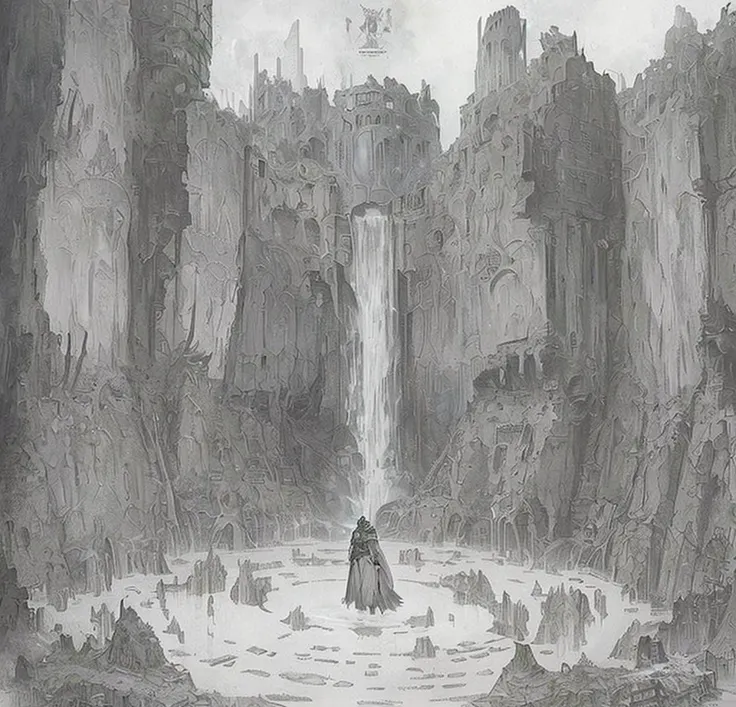 draw of a place,  Knight standing in the middle of a pond, surrounded by a ruined city, waterfall in the middle of the image, green sky, ruins, water, futuristic, 