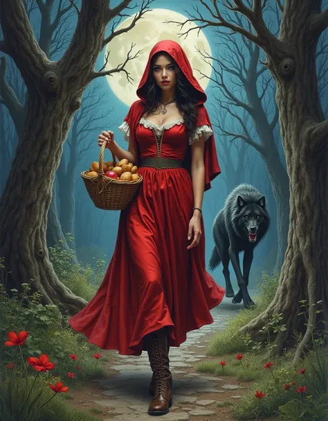 A color pencil picture of a gorgeous adult red riding hood, mesmerizing beautiful innocent face, sexy face, donning a shiny latex hood, a modest Renaissance woman gown and leather boots, walks in a forest full of gnarled trees, she carry a basketful of bre...