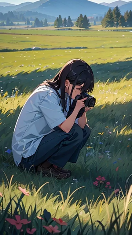  lone photographer crouched down in a meadow filled with wildflowers, focusing his camera on a distant herd of animals. The scene is serene, with rolling hills and soft sunlight casting long shadows across the landscape.