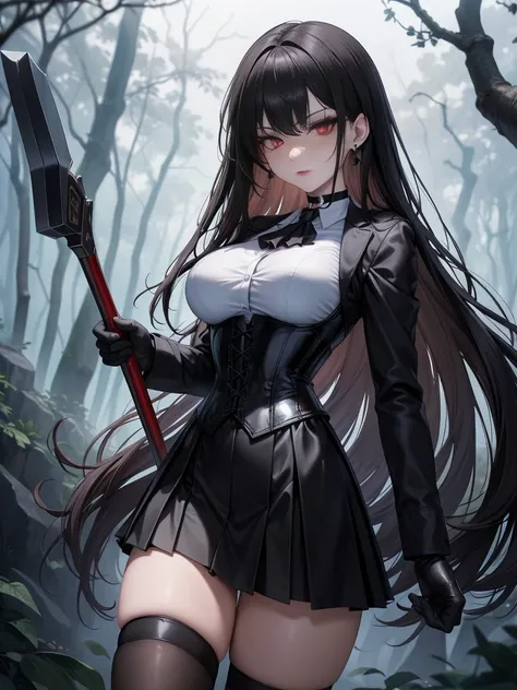 8K, highres, Ultra detailed, (Masterpiece:1.4), The best quality, symmetrical body, standing, pose sexy, front view, choker:1.6, holds an axe in his hand, (White collar button-down shirt with white long sleeves), Black gloves, gloves that cover the hands, ...