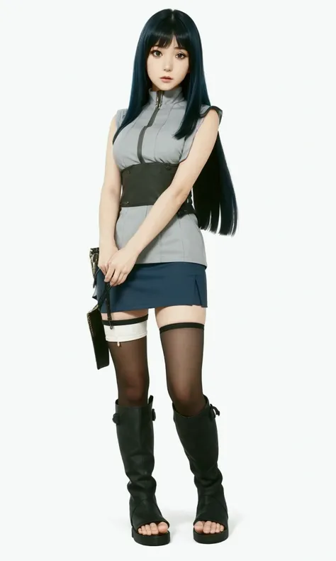 a woman in a short skirt and knee high boots standing, hinata hyuga, realistic, blue hair, white eyes, skinny girl