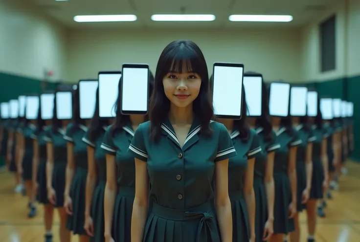 A group of women in school uniforms lined up with smartphones for heads,Your face is on the screen,Large Breasts,Perfect body,gym,(Overlooking), Wide-angle shot, Fake smile, 