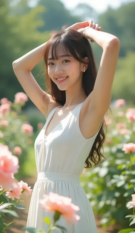 NIKON, High quality photo, portrait of one beautiful Japanese girl in front of a rose garden, idol,head to toe, clear face, white sleeveless dress, sunlight through trees, European-style garden, f1.2, realistic skin texture, smile,She holds her hands above...