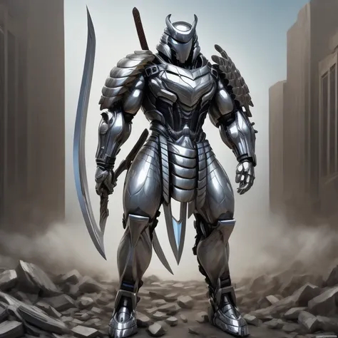 masterpiece, best quality, full body, 1boy, armor suit, upper body, looking at viewer, (silver samurai, full armor, cyborg, scie...