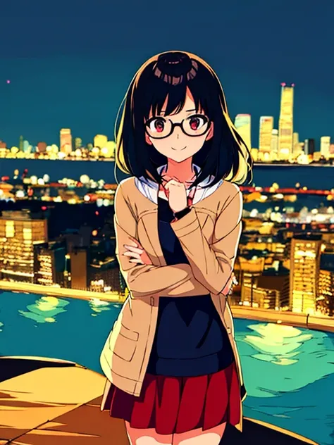 anime　One Girl　Black Hair　Glasses　focus　smile　Short　City　night　night景　Looking at the camera　Calm colored clothes　Embarrassed