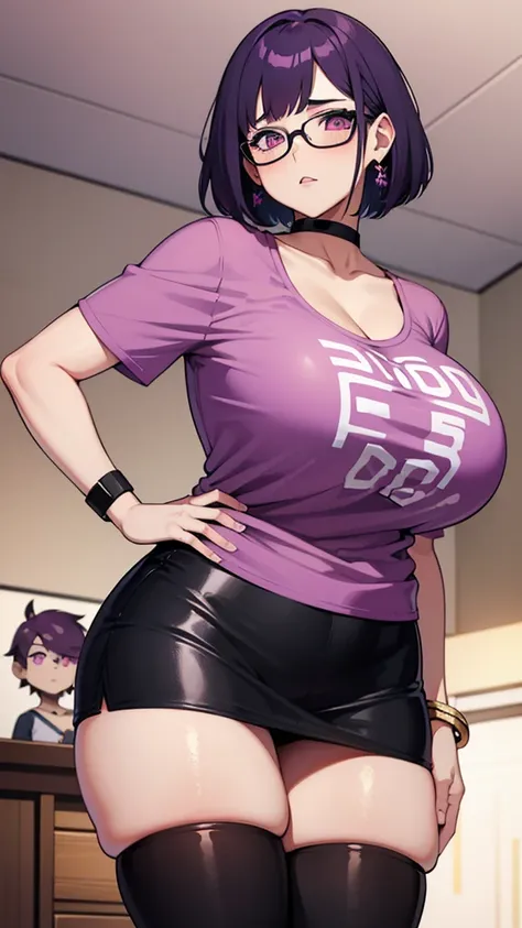 chubby, short hair, pink eyes, purple hair on the tip, big breasts, big ass, thick thighs, horse, Black leather tight skirt, pink t-shirt, gold bracelet on right arm, black shoe, purple lipstick, corou, reading glasses, 3, adult.