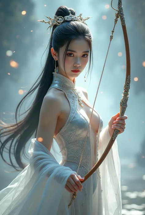 ((Fully sexy)),(looking at viewer, front facing viewer), digital art ilustration, depth of field, cinematic light, chiarosaurio, mist, particles, sparks,reflections, a female Chinese princess (Chinese Emperor princess, Dilraba Dilmurat, beautiful face), lo...