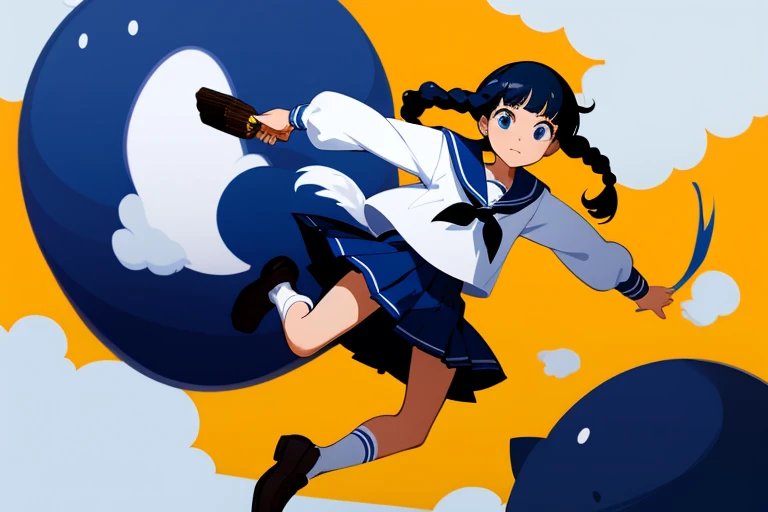 Black Hair　Braids　　Sailor suit　Navy Blue Skirt　　White socks　Black Loafers