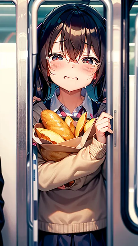 whole body, Crowded train , On a crowded train ,crowd,With a wrinkled face and big tears, close eyes and shed a flood of tears,hatsune miku eating large amount of fried potatoes in the train while turning away, screaming and crying, and leaning her face ba...