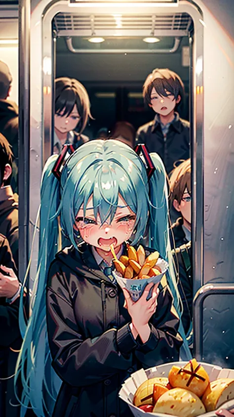 whole body, Crowded train , On a crowded train ,crowd,With a wrinkled face and big tears, close eyes and shed a flood of tears,hatsune miku eating large amount of fried potatoes in the train while turning away, screaming and crying, and leaning her face ba...