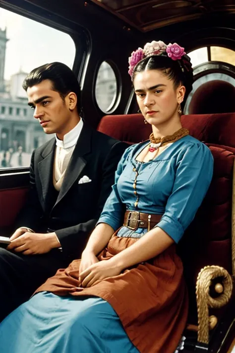 (masterpiece) (realistic) Frida Kahlo and Leon Troysky riding in a futuristic carriage in a space aged futuristic Mexico City