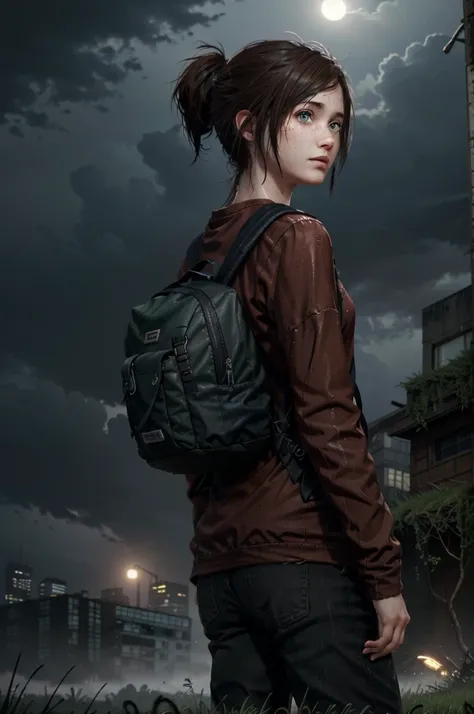 EEllie, 1girl, solo, realistic, brown hair, freckles, blue eyes, red shirt,  layered sleeves, ponytail, masterpiece, best quality, cinematic lighting, looking at viewer, from behind, night, rain, clouds, (skycrapper:1.2), new york, dark buildings, city, ov...