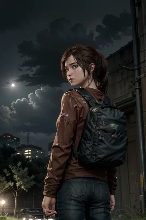 EEllie, 1girl, solo, realistic, brown hair, freckles, blue eyes, red shirt,  layered sleeves, ponytail, masterpiece, best quality, cinematic lighting, looking at viewer, from behind, night, rain, clouds, (skycrapper:1.2), new york, dark buildings, city, ov...